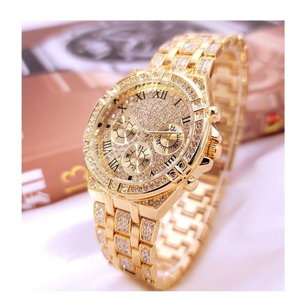 

new three-eye dial mens quartz watch full diamond watch luxury temperament steel strap watch waterproof luxury gold fashion design, Slivery;brown