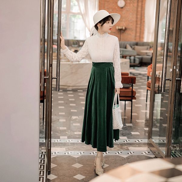 

white and green dresses 2021 female spring velvet cut calf lace mid-calf dress vintage sleeve full 37gl, Black;gray