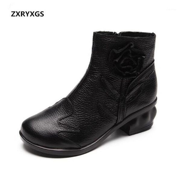 

boots zxryxgs brand shoes elegant flower cowhide leather ankle 2021 autumn and winter retro handmade women boots1, Black