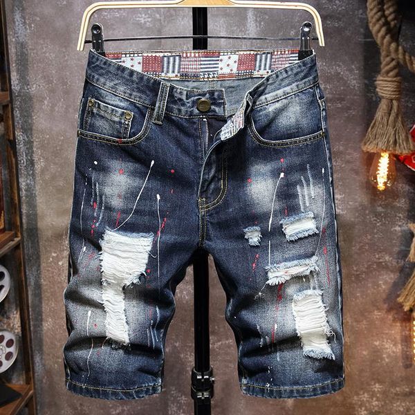 

summer jeans clothing trend mens fashion straight denim classic pockets torn hole paint print youth cotton shorts, Blue