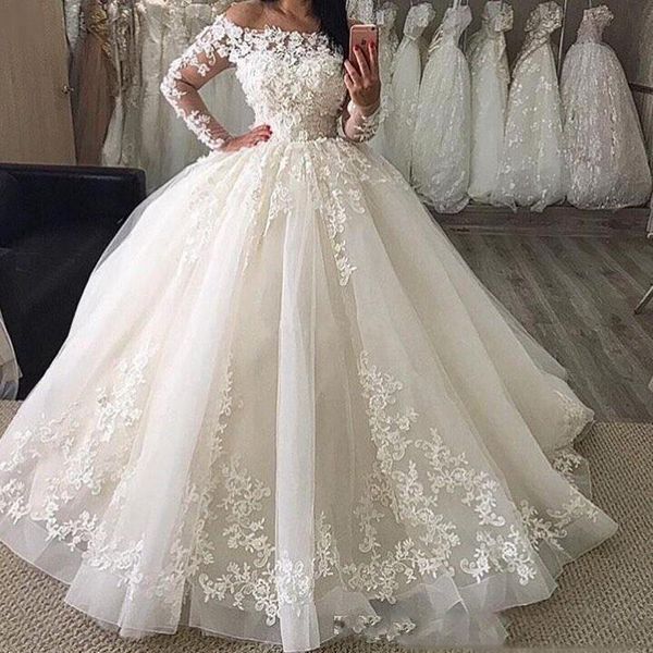 

off shoulder long sleeves lace ball gown wedding dresses 2021 with appliques sweep train lace up back tulle wedding bridal gowns, White