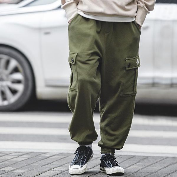 

men's pants men cargo american retro big pocket trousers loose straight leg sweatpants drawstring casual streetwear, Black