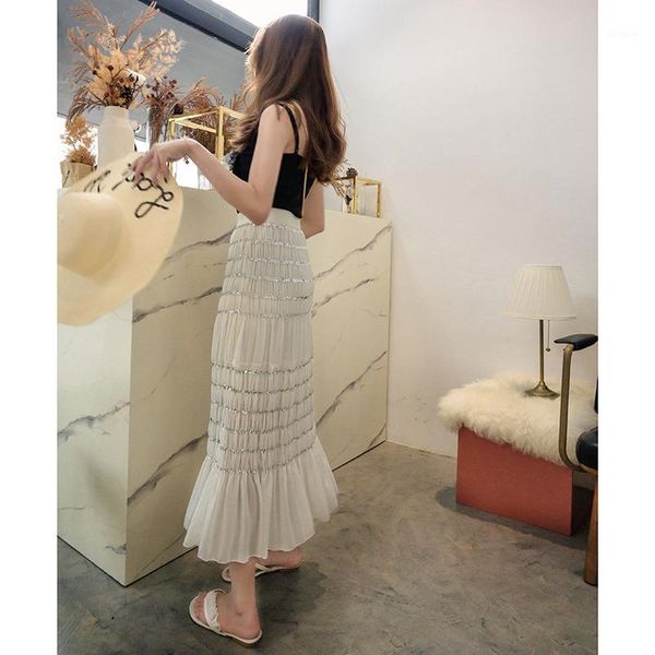 

ins super summer new very fairy small high waist pleated medium length chiffon fishtail sequin skirt skirt1, Black