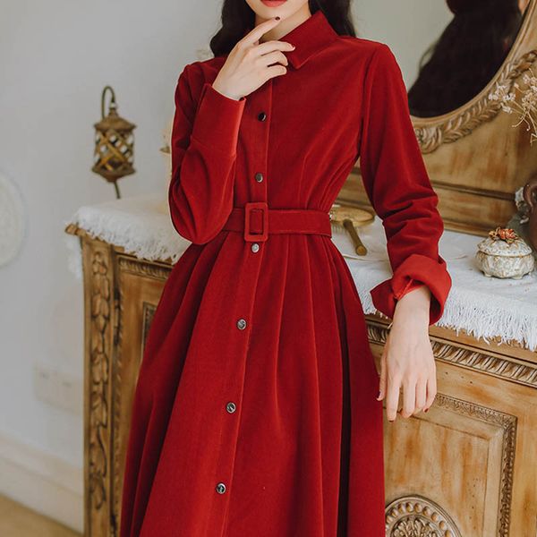 

autumn and winter long sleeve dress 2021 new women's retro gentle style slim slim corduroy mid-length dress, Black;gray