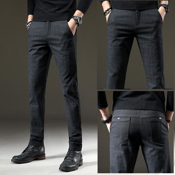 

jantour brand pants men casual elastic long trousers male cotton plaid gray work pant men's autumn winter big size 28-38, Black