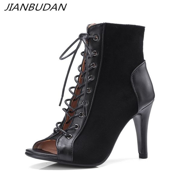 

jianbudan women's fashion summer boots open toe comfortable high heel sandals lace-up casual high heel summer ankle boots 34-43 201031, Black