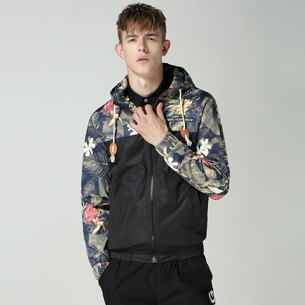 

m-4xl man's hooded hoodies patchwork hooded mens jackets floral windbreaker jacket men fashion bomber jacket, Black;brown