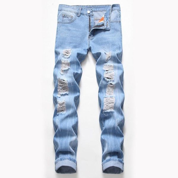 

1j hole jeans men's european and american foreign trade made straight tube retro four color fashionable pants wholesale jeans, Blue