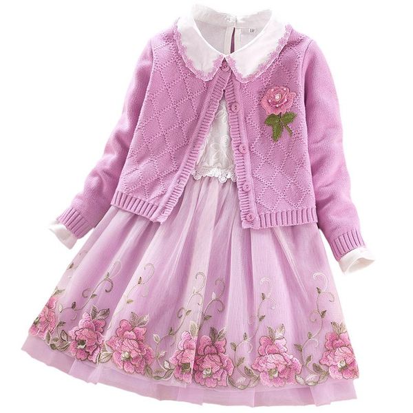 

clothing sets spring autumn girls long-sleeved sweater cardigan dress 2pcs set kids princess mesh flower dresses suit, White