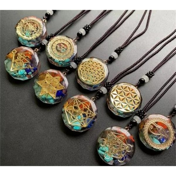 

retro colorful chips natural stone lapis chakra orgone energy beads pendulum amulet reiki healing pendant necklace 8pc wholesale q1209, Bronze;silver