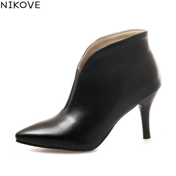 

boots nikove 2021 women shoes slip on pointed toe ankle thin high heels short plush autumn pu big size 34-43, Black