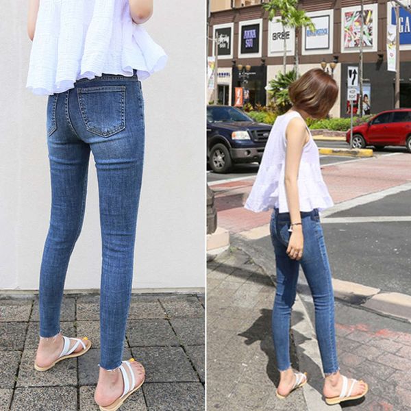 

south korean skinny jeans women's quarter 2020 autumn new waist thin small, versatile show high leg pants, Blue