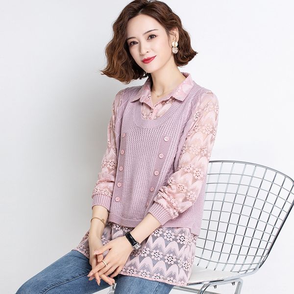

women's early 2020 spring new fake two-piece early spring and lace sweater autumn base shirt lace stitching sweater yxyis, White;black
