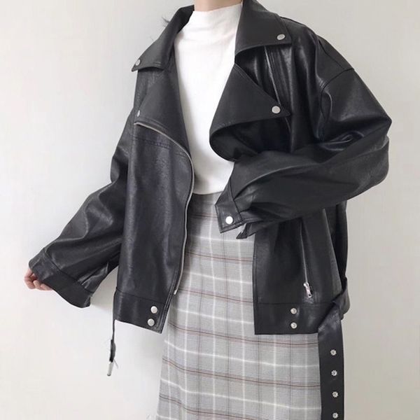 

2021 new autumn women black faux soft leather jacket with belt female streetwear down collar biker coat iye1