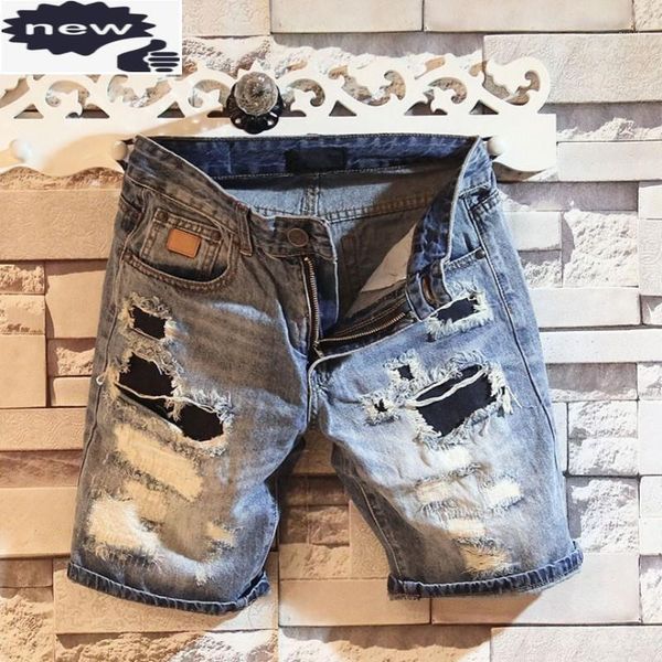 

summer casual mens wash straight denim shorts fashion hole ripped slim fit knee length jeans men retro distressed jean trousers1, Blue