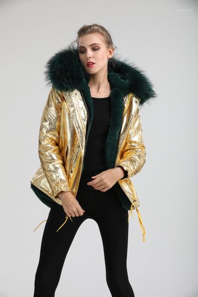 

women's fur & faux shiny and sparkly gold parka dark green women winter coat 2021 warm jacket voguish1, Black