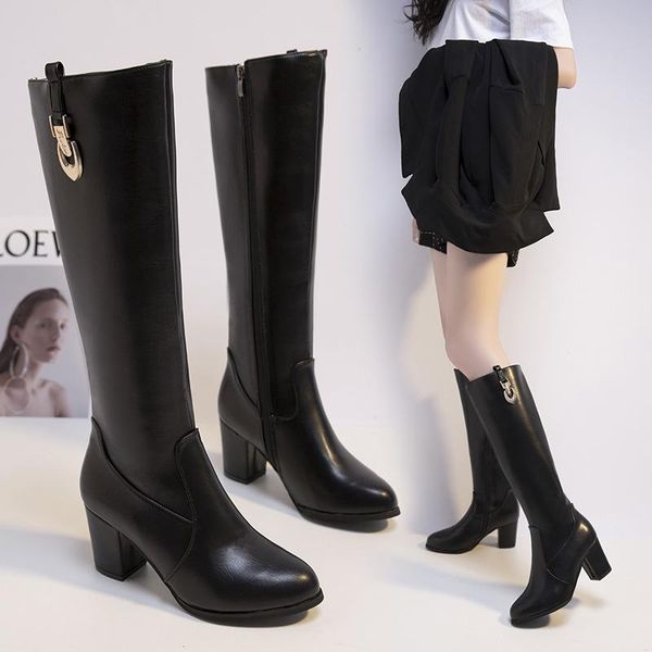 

boots 2021 autumn and winter leather female small round toe thick heel british style knight, Black