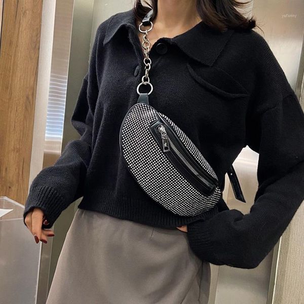 

women's waist bags 2021 fashion ladies diamonds fanny pack chest bolsos banana rhinestone chain crossbody shoulder belt bag sac1
