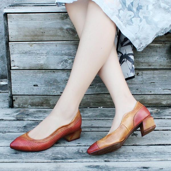 

2020 national style thick elegant women's shoes pointed shallow mouth printing brushed leather women's heels handmade, Black