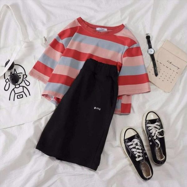 

women 2021 summer two piece set tracksuit clothes female casual keen length pants suit striped short sleeve t shirt 2pcs l250, Gray