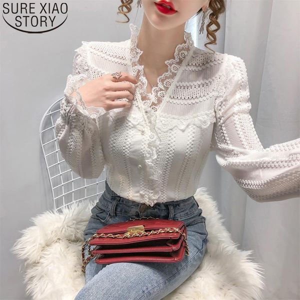 

fashion v-neck apricot lace blouse women bottoming shirt 2021 new french long sleeve ladies autumn clothes blusas 12478, White