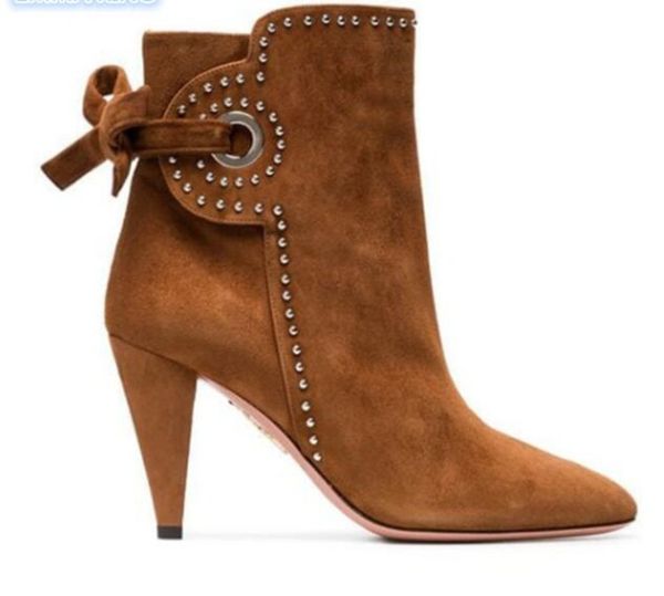

designer shoes woman autumn fashion ankle shoes suede spike heel pointed toe rhinestone bow boots high side zipper boots, Black