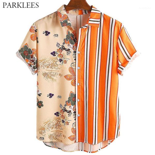 

floral printed summer mens shirt 2020 casual striped shirts for men patchwork flower print chemise homme mens clothing camisas1, White;black