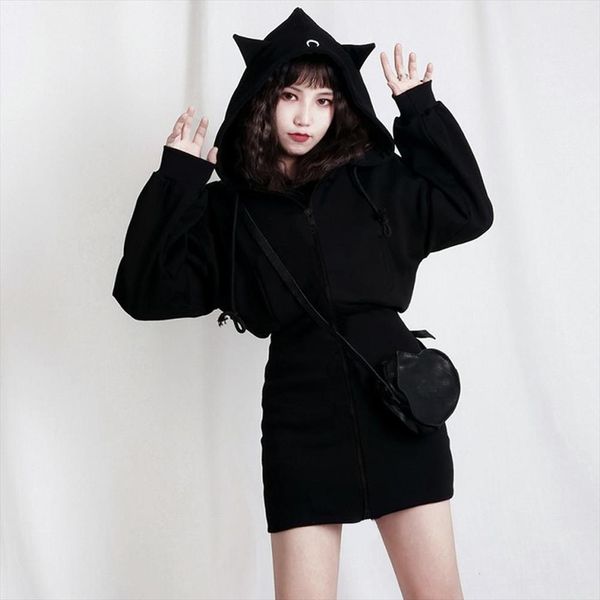 

long hoodies gothic casual chic zipper black thicker women sweatshirts loose ear hooded crescent print female punk hoodies