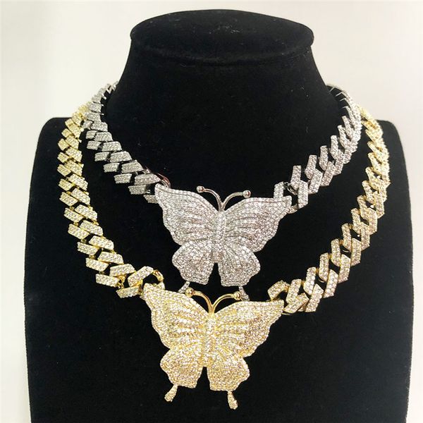 

mens fashion necklace gold plated sparkling cz big butterfly pendant cuban chain necklace for men women hip hop punk jewelry, Silver