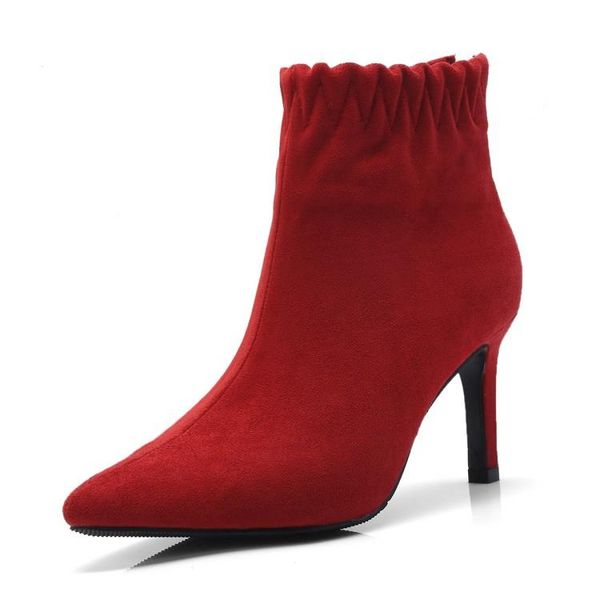 

boots pqecfs big size 32-43 2021 spring & autumn women solid flock heels ankle 3 colors, Black