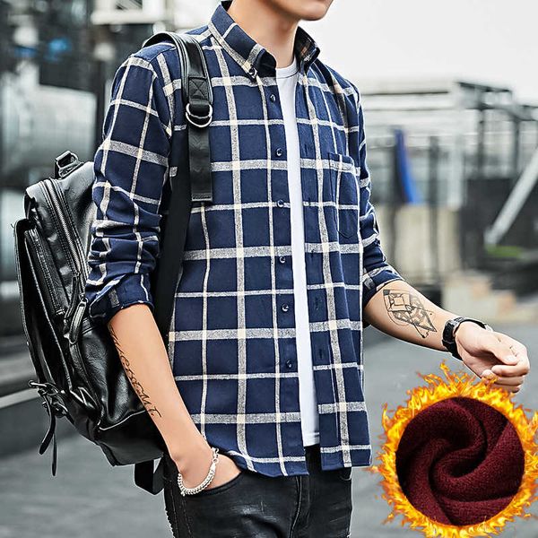 

large size plaid warm winter plush men's korean thick shirt fashion, White;black