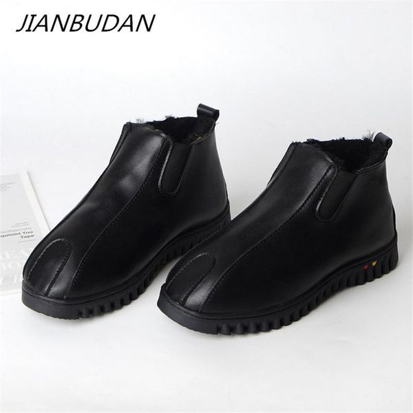

boots jianbudan fur plush winter women's warm snow waterproof leather female big size cotton shoes soft flat ankle boots1, Black