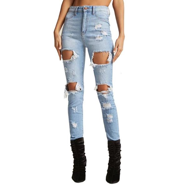 

women's jeans ciolor women skinny ripped knee hole bandage 2021 autumn solid fahsion high waist stretch slim pencil trouser, Blue