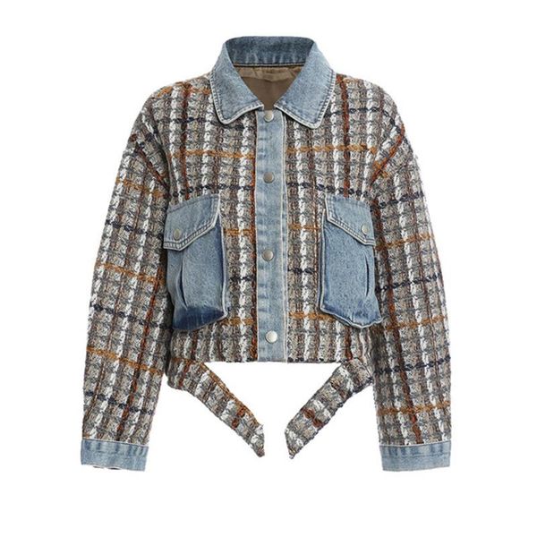 

patchwork plaid denim jacket for women lapel long sleeve vintage casual short coat female 2021 autumn fashion new, Black