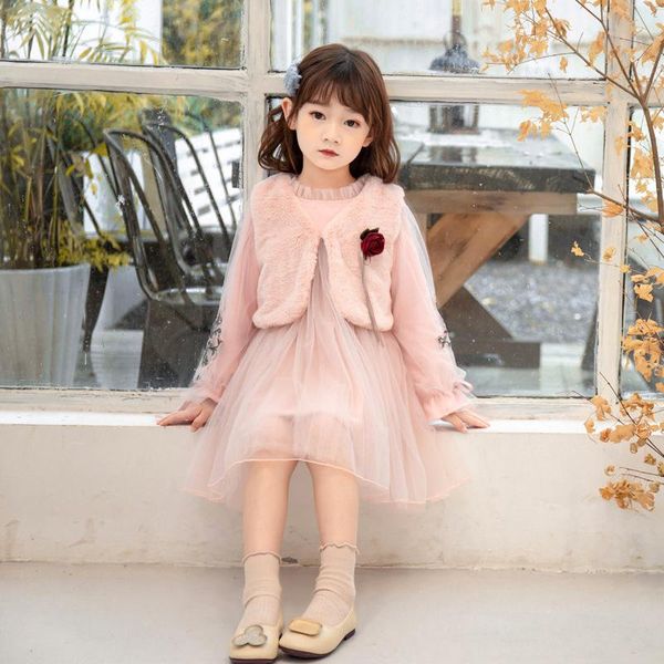 

clothing sets winter baby girl long sleeve embroidered dress and vest, White