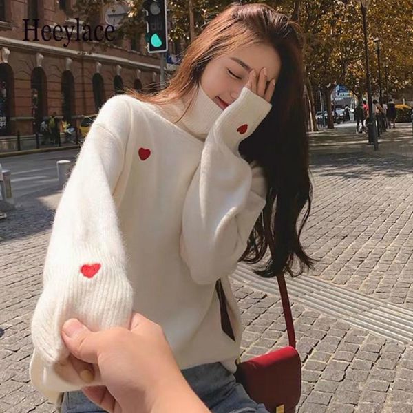 

love heart embroidery sweater women autumn winter new pullover loose kobieta swetry 2020 turtleneck chic sueter, White;black