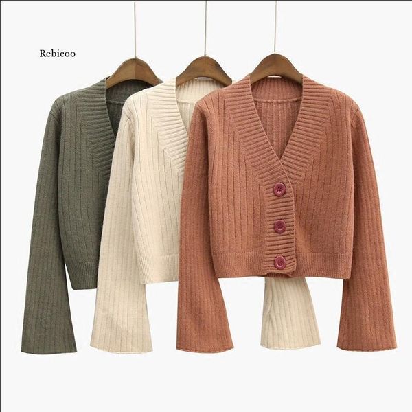 

women's knits & tees cardigan autumn long flare sleeve short sweater women ribbed knitted cotton black white ladies soft outwear femal