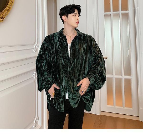 

autumn male streetwear long sleeve velvet loose shirt cardigan outerwear loose leisure oversized vintage male party dress shirt1, White;black