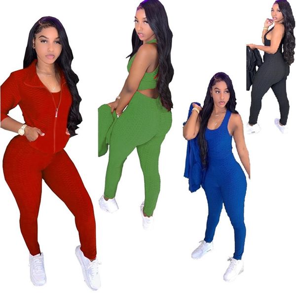 

women three pieces sets full sleeve zipper jackets tank + pants + coat 3pcs outfit elegant ladies sport suit fish scale overalls f92907, White