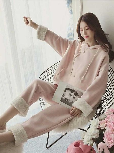 

women's pants fashion 2020 new autumn/winter korean style pullover hooded sweater plus velvet thick two piece set women, Gray