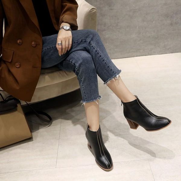 

boots big size - women shoes ankle for ladies heel zip round head thick, Black