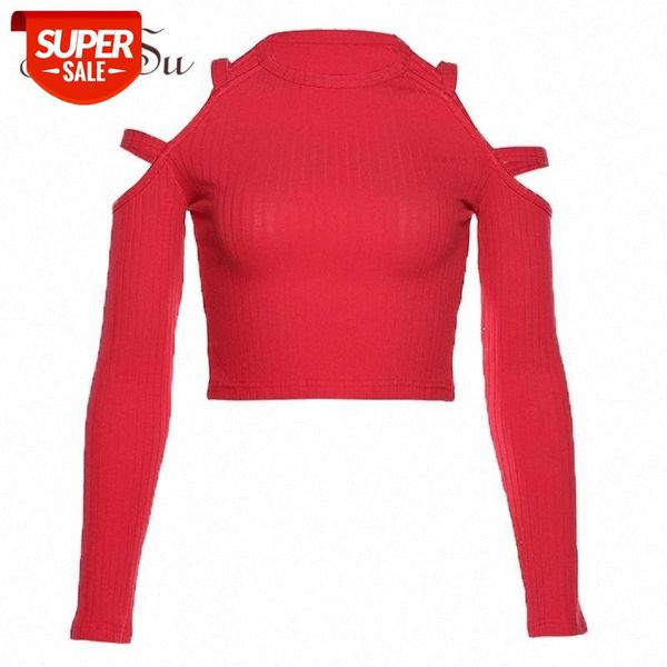 

artsu 2019 autumn red knitted women t-shirt off the shoulder for women striped basic tshirt long sleeve tee asts20558 #bx9f, White