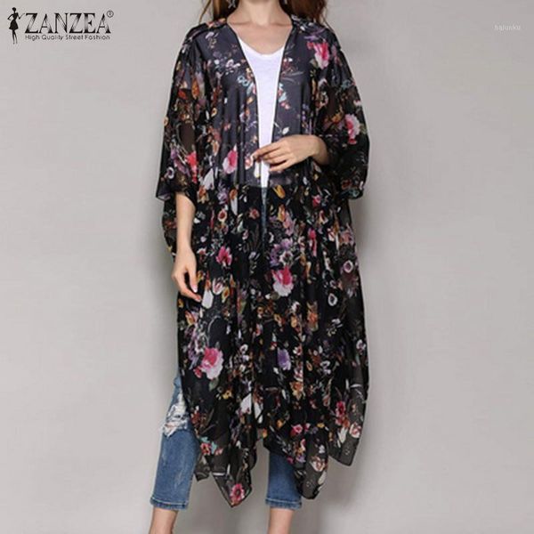 

women's blouses & shirts elegant kimono cape women's printed 2022 summer chiffion blouse 3/4 sleeve female cover up tunic p, White