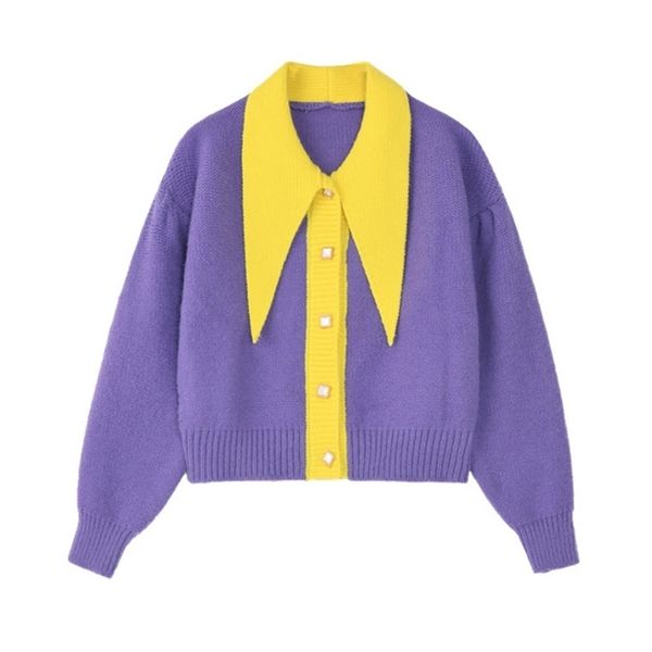 

perhaps u women short thin sweater knitted turn down collar cardigan button patchwork green pruple pink outwear autumn m0290 201202, White;black