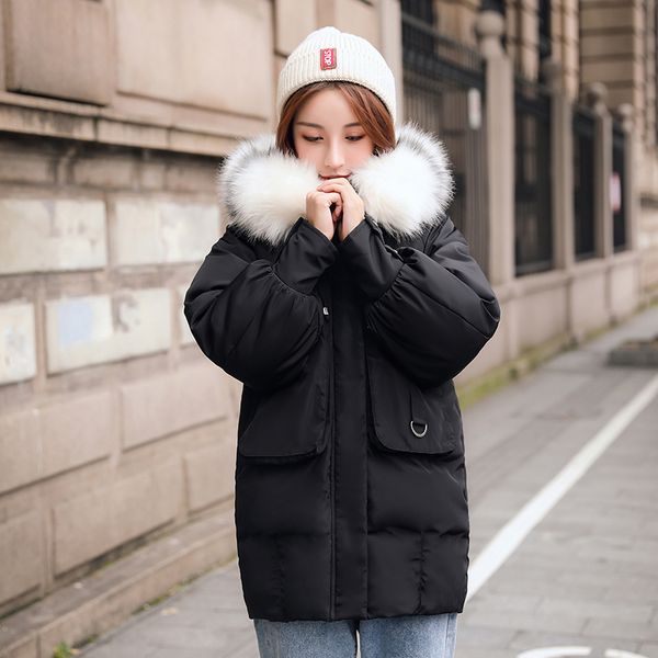 

2021 newwinter women hooded long cotton padded jacket fur collar plus size thick coat femme warm outwear giacca donna 4128, Black