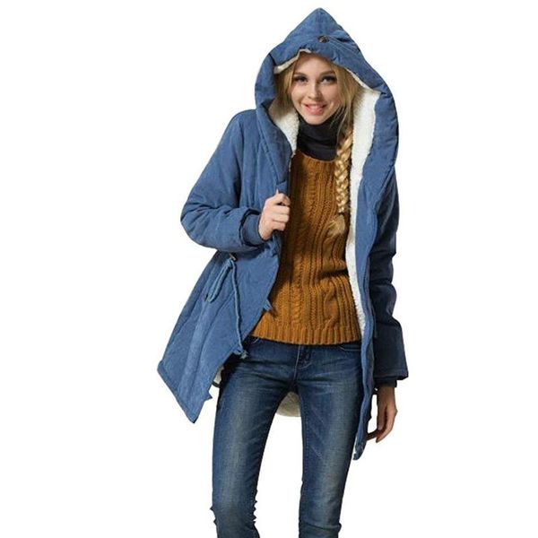 

vogue drawstring waist fashion women solid hooded jacket lambswool cotton coat thicker outwear coat long single-breasted, Black
