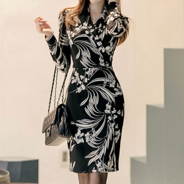 

2020 women's dressnew women's dress new korean ol temperament lapel waist slim wrap hip fashion print dress for women lemgc, Black;gray