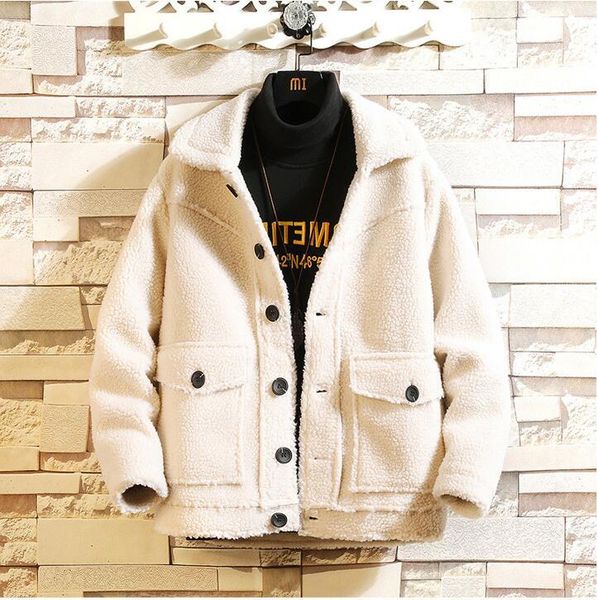 

2021 new men's loose lamb wool coat warm fashionable cardigan clothes faxd, White;black