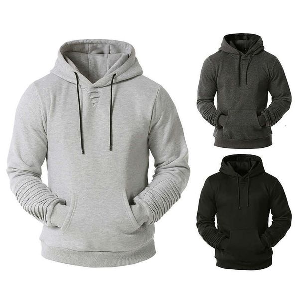 

new men's quilted pleated sports 2020 casual hooded pullover sweater coat, Gray