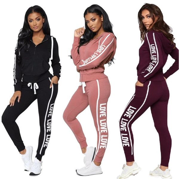 

любовь печать повседневный костюм с капюшоном женский костюм hoodie zip jacket zipper пальто и брюки леггинсы двухкусочный эпикировка одежда, White